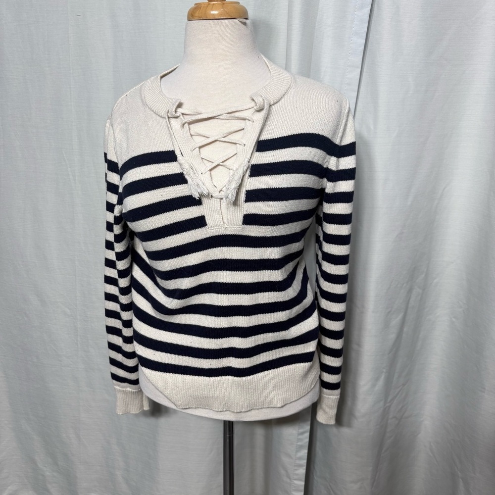 Banana Republic XS Nautical Striped Lace-Up Front Pullover Preppy Coastal Chic - Picture 2 of 6